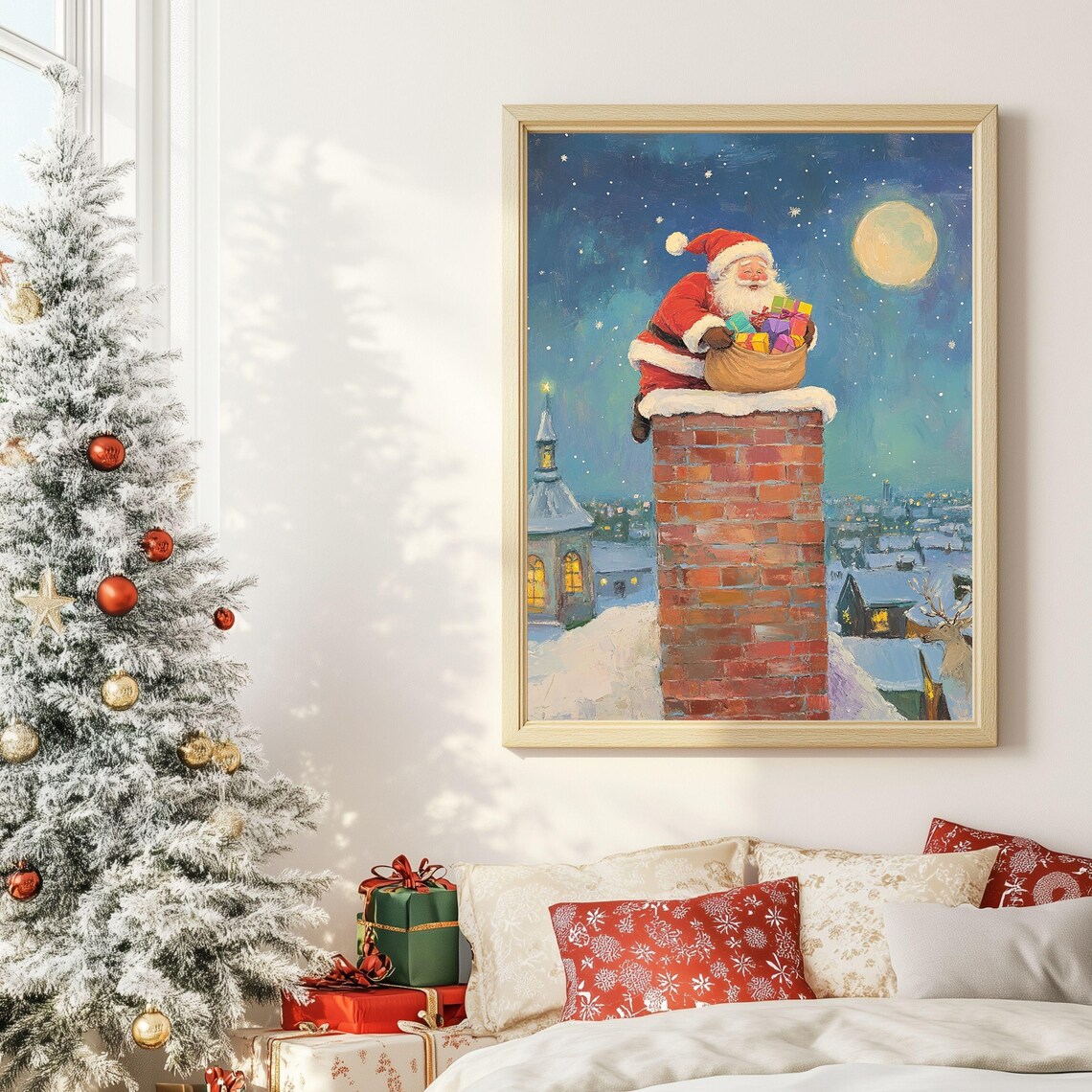 Santa Claus Sitting On Chimney Under Moonlight Night Art Poster - Image 3