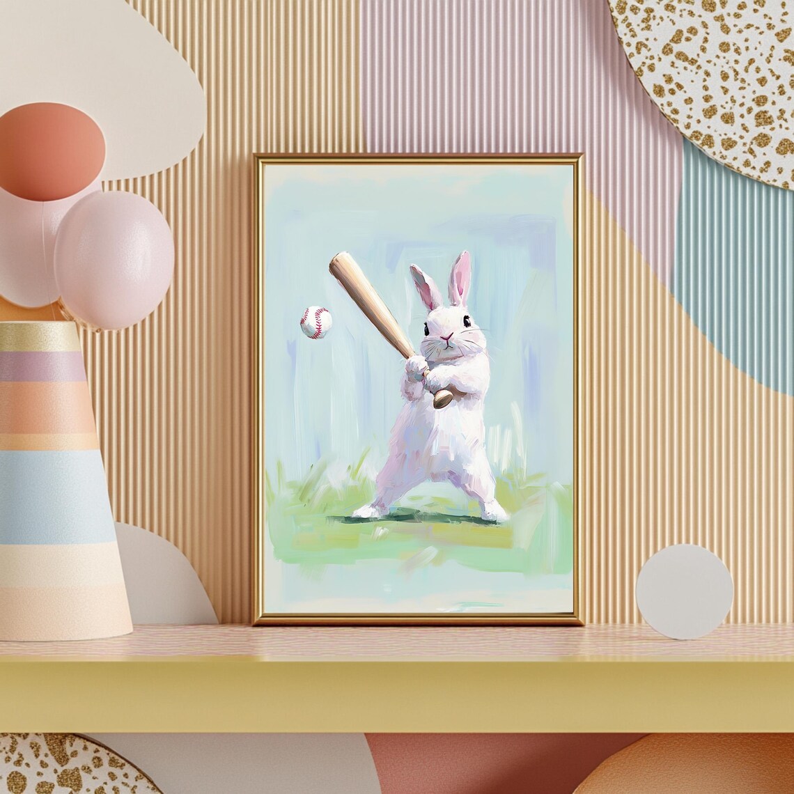 Playful Bunny Playing Baseball Soft Watercolor Kids Sports Poster - Image 2