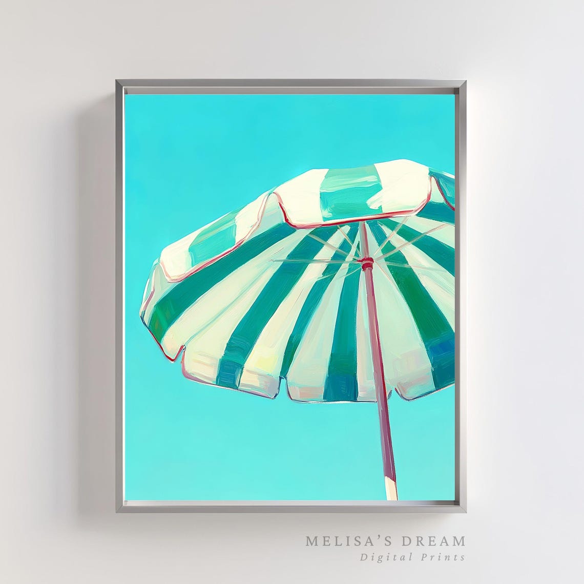 Turquoise Striped Beach Umbrella Poster Bold Summer Sky Coastal Decor