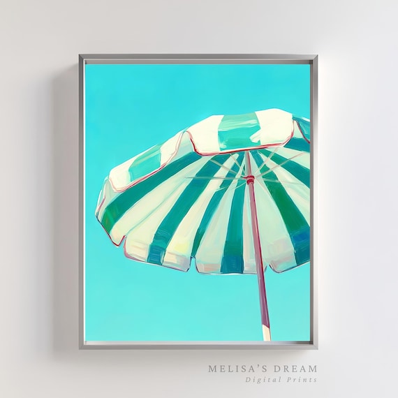 Turquoise Striped Beach Umbrella Poster Bold Summer Sky Coastal Decor