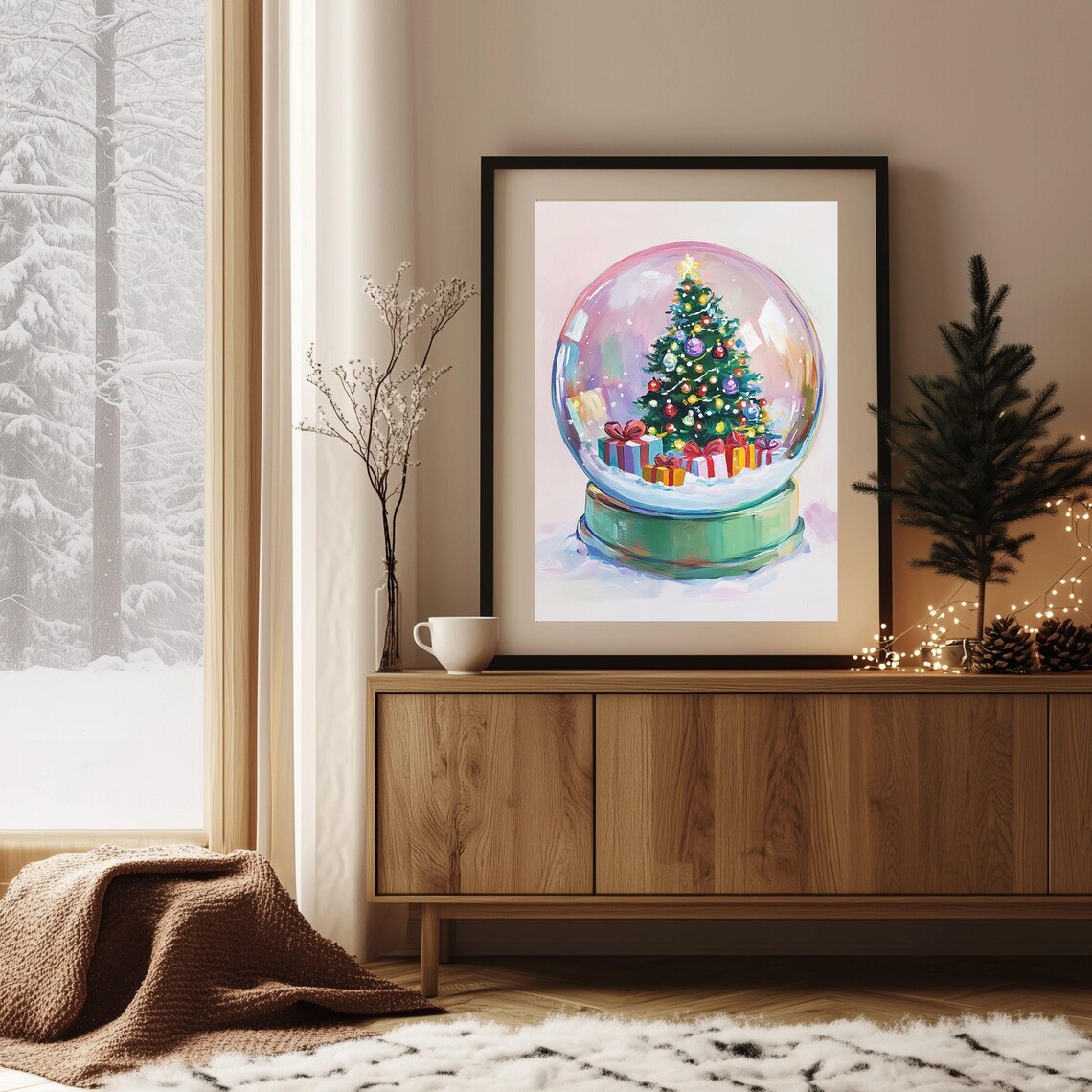 Christmas Tree Inside Snow Globe Cozy Winter Wonderland Art Poster - Image 2