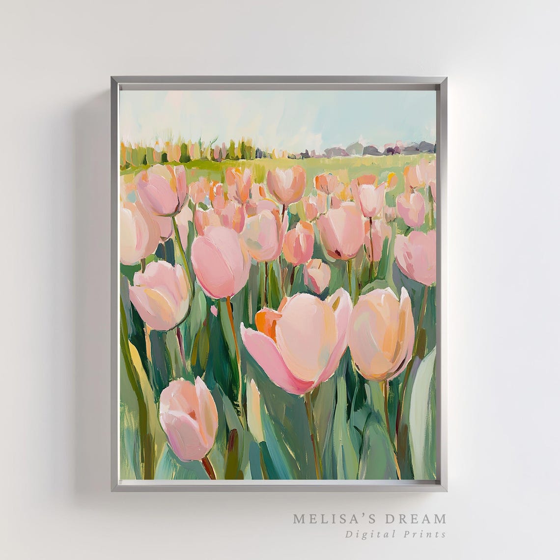 Pink Tulip Field Spring Floral Impressionist Painting Poster