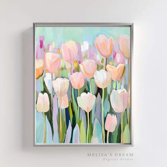 Boho Tulips Art Print, Pastel Floral Spring Decor