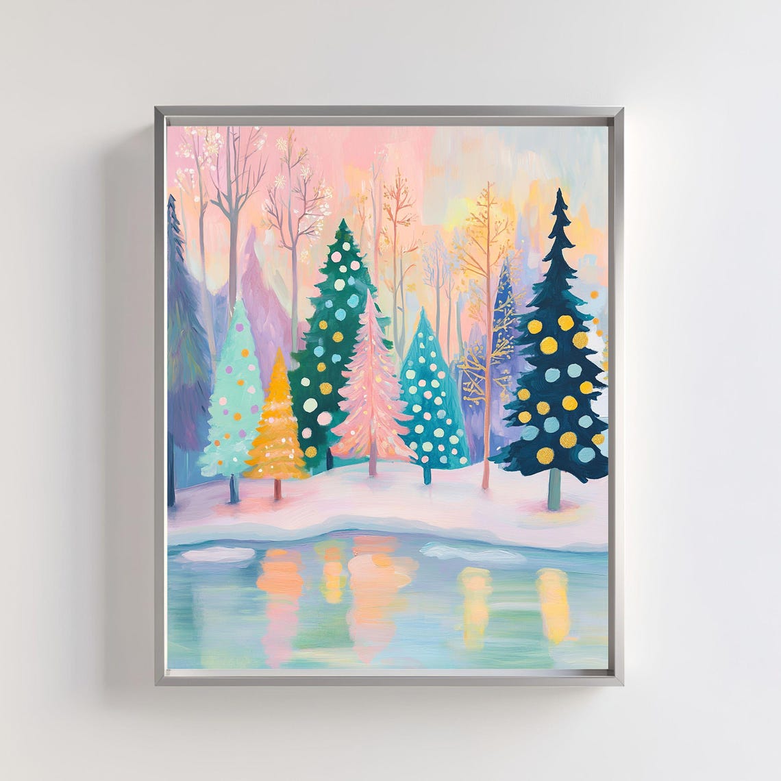 Whimsical Colorful Winter Forest Reflected In Frozen Lake Art Poster
