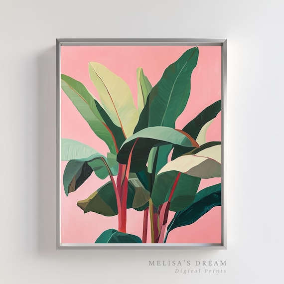 Tropical Banana Leaf Art Print Green Foliage on a Pink Background