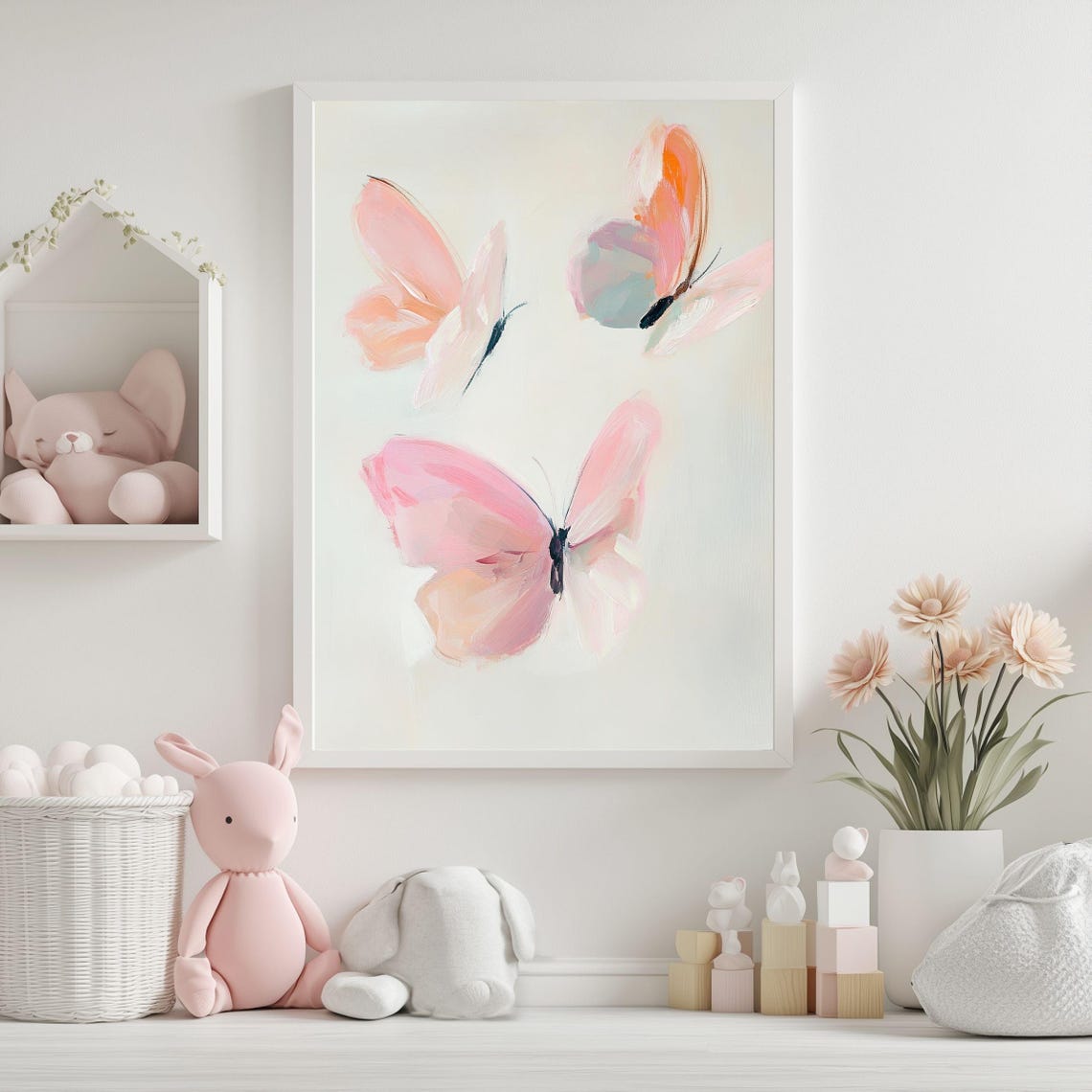 Pink Butterfly Wall Art Abstract Pastel Butterfly Feminine Watercolor Nursery Decor Soft Boho Room Print - Image 3