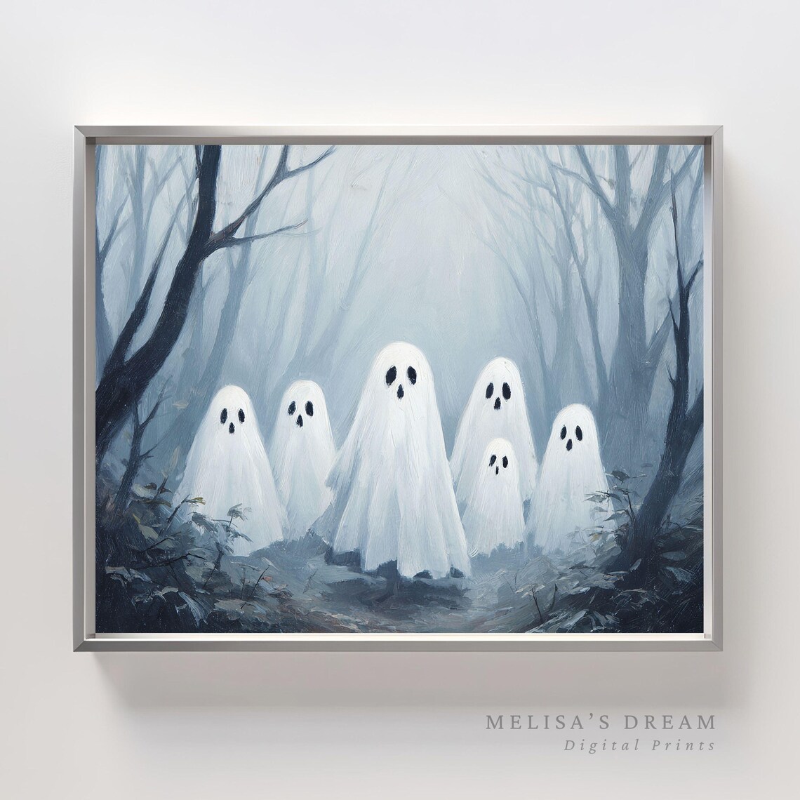 Cute Ghost Group Misty Moonlit Forest Halloween Oil Painting Poster