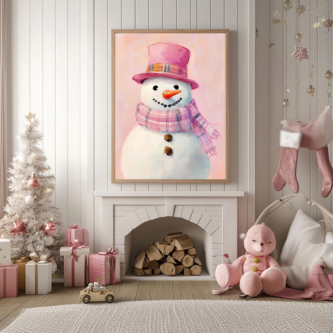 Cheerful Pink Snowman With Plaid Hat And Striped Scarf Art Poster - Image 2