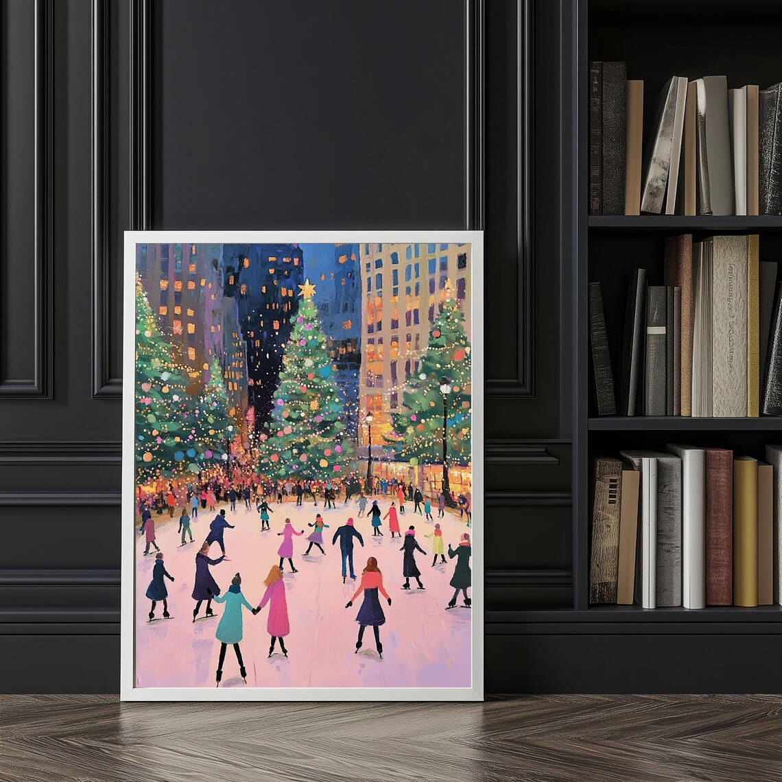Christmas City Scene, Ice Skating Rink Poster Print - Image 3