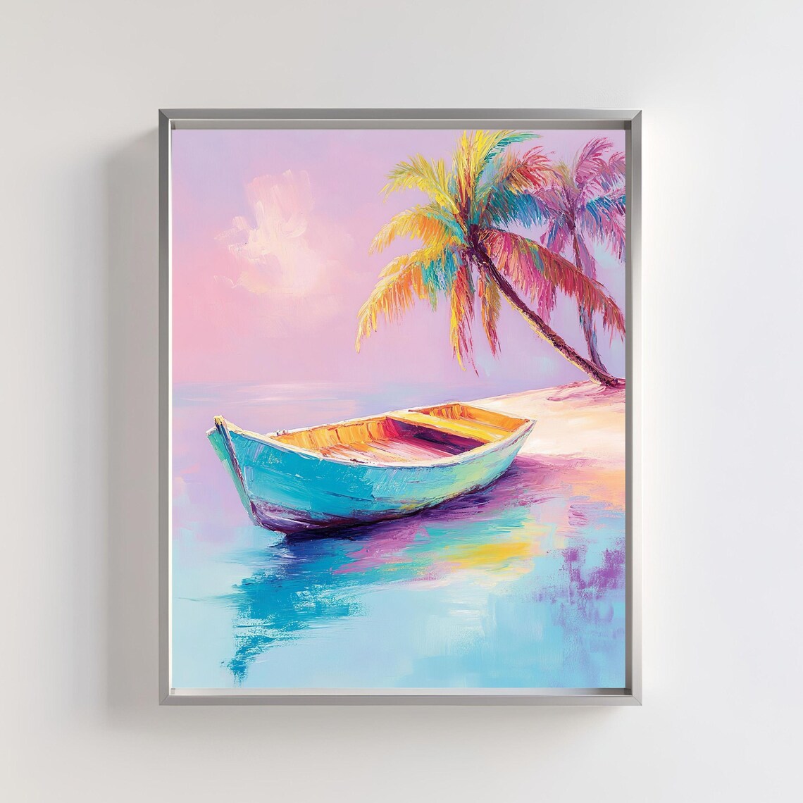 Tropical Boat Poster Print, Palm Tree Beach Scene