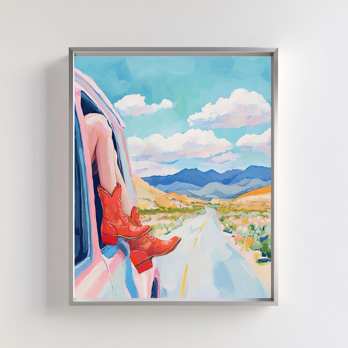 Red Cowgirl Boots, Retro Western Road Trip Art Print