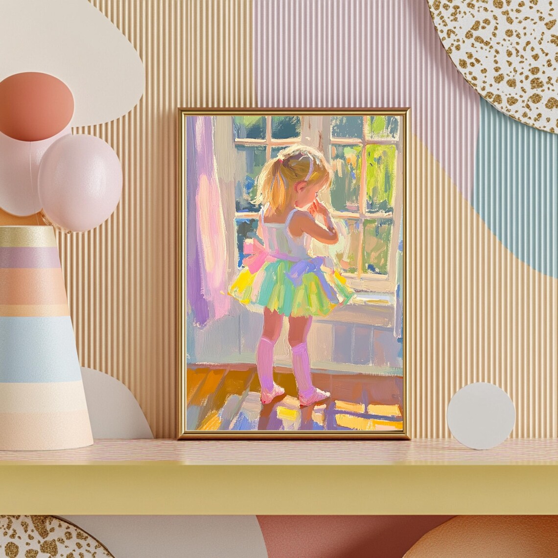 Little Ballerina in a Colorful Tutu by a Sunlit Window Art Poster - Image 2