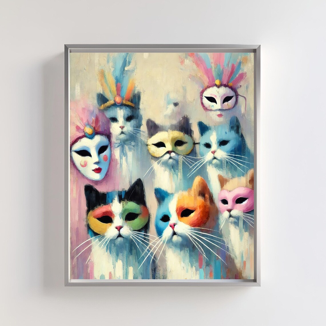 Whimsical Masked Cats Art Print, Cat Lover Gift
