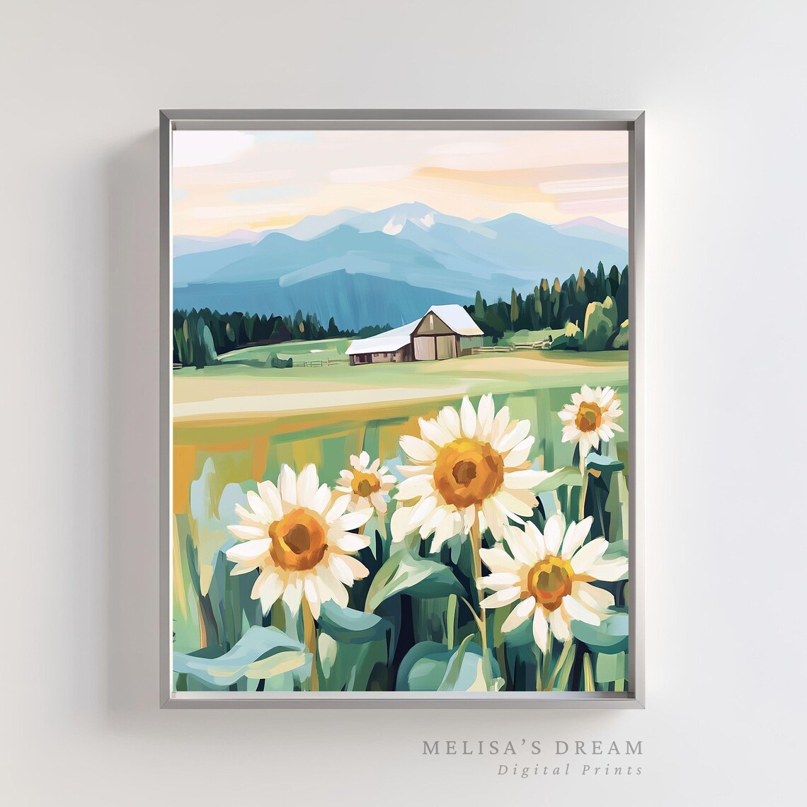 Rustic Farmhouse Sunflowers Barn Landscape Art Print