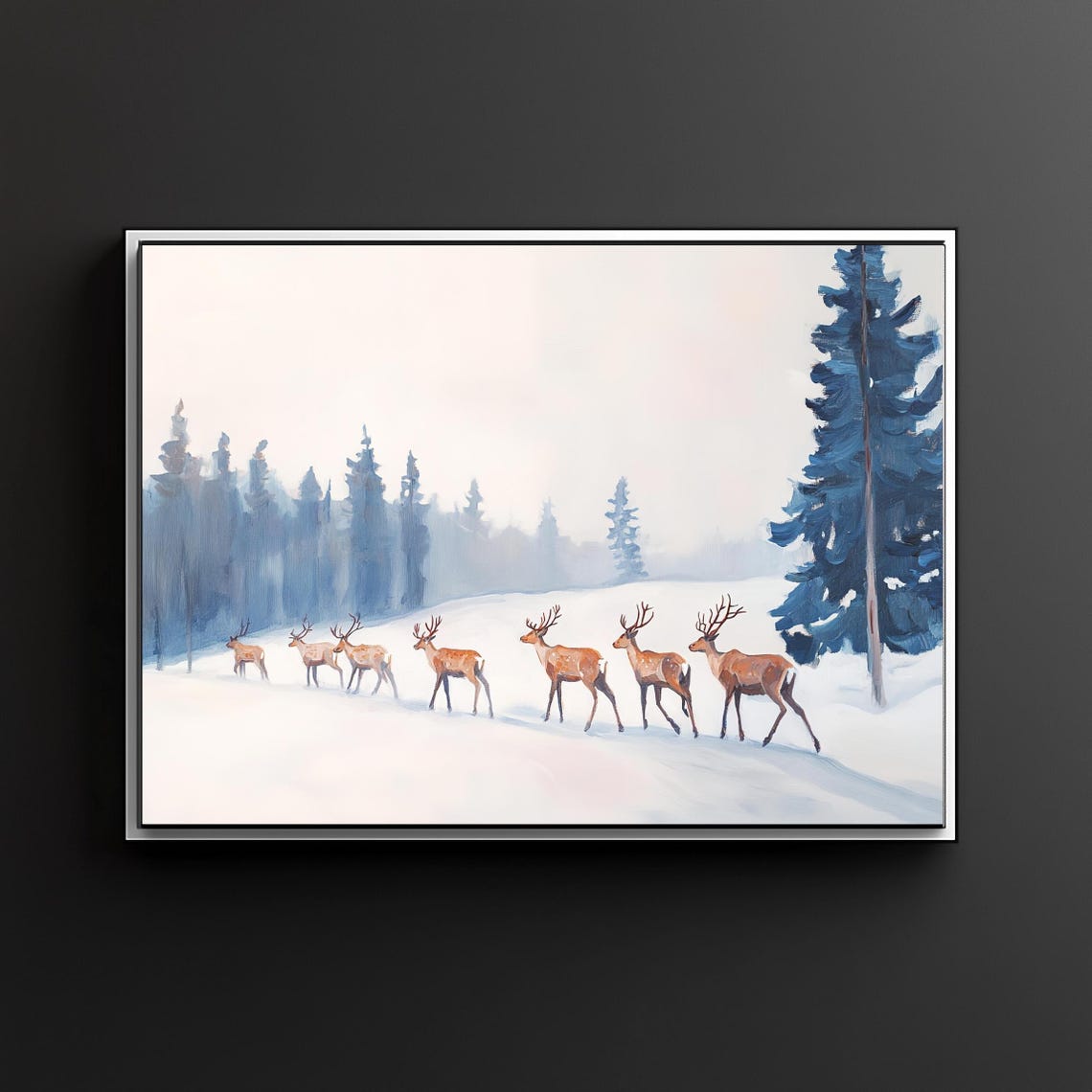Reindeer Herd Crossing A Snowy Forest Blue Winter Wildlife Poster - Image 2