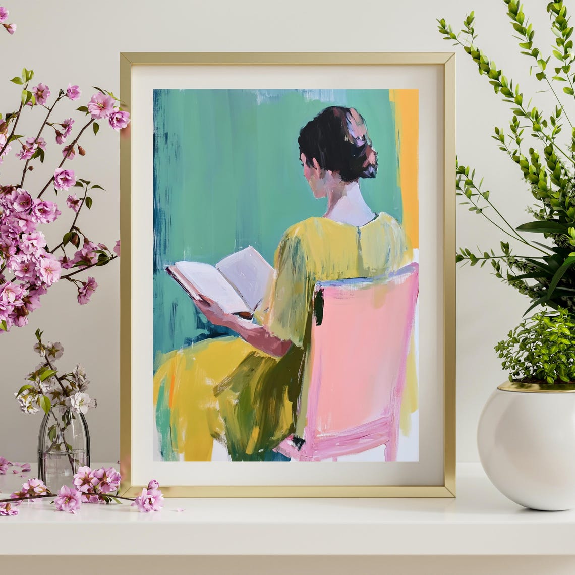 Abstract Woman Reading, Minimalist Yellow Dress Art Print - Image 4
