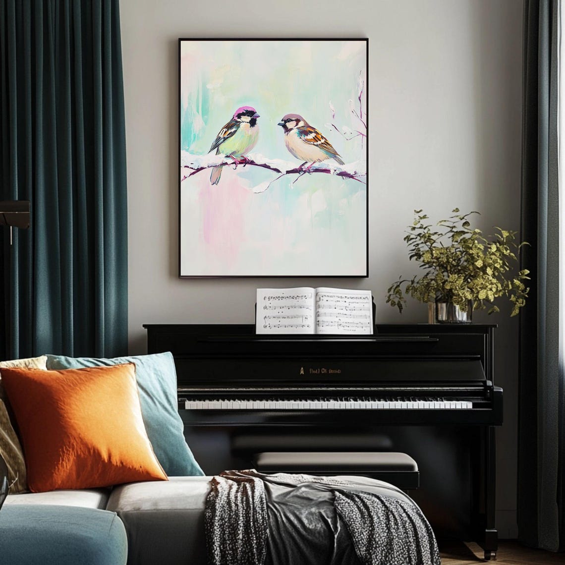 Two Sparrows On A Snowy Branch Pastel Winter Bird Art Poster - Image 2