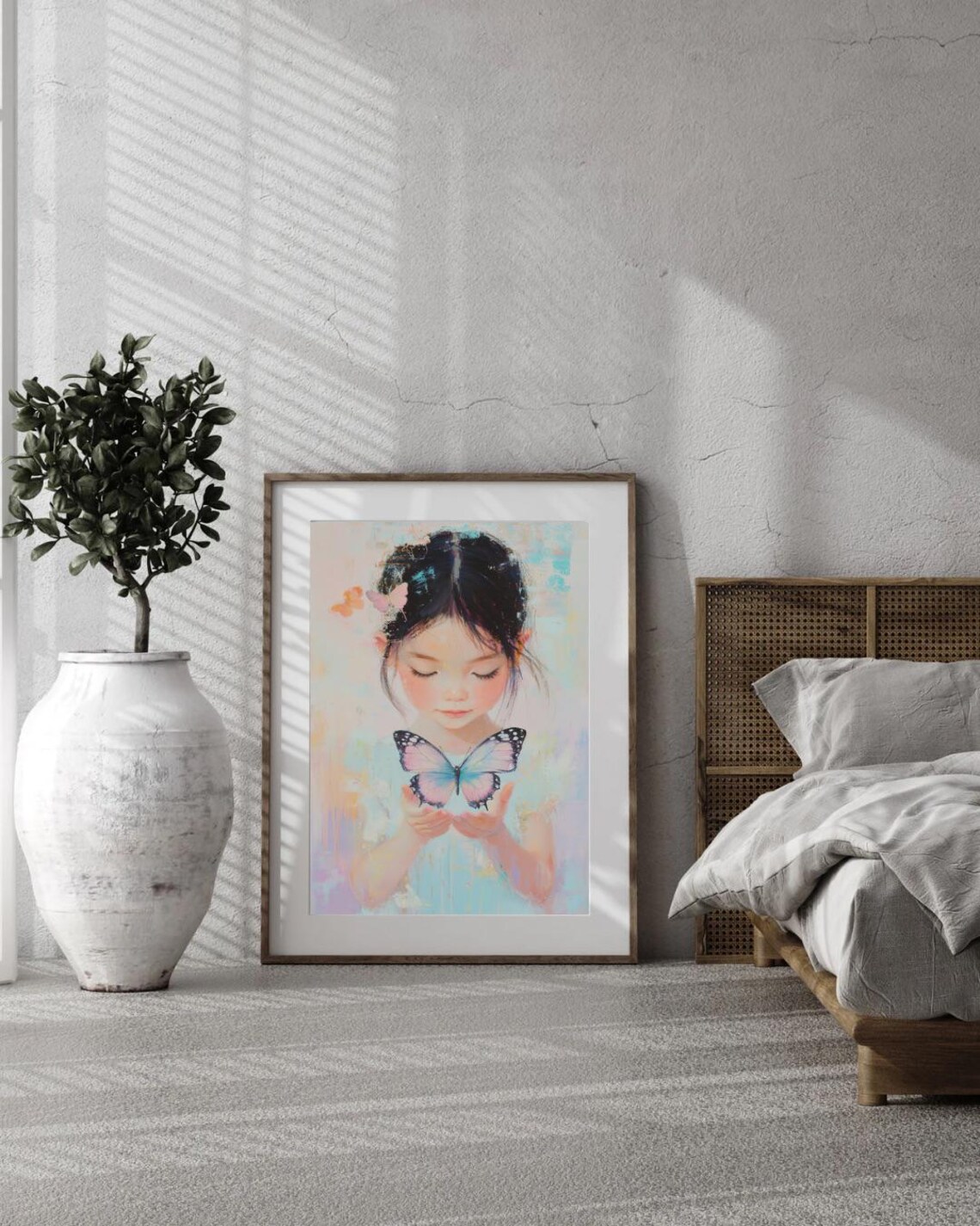 Girl Holding Giant Butterfly Pastel Dreamy Nursery Art Poster - Image 3
