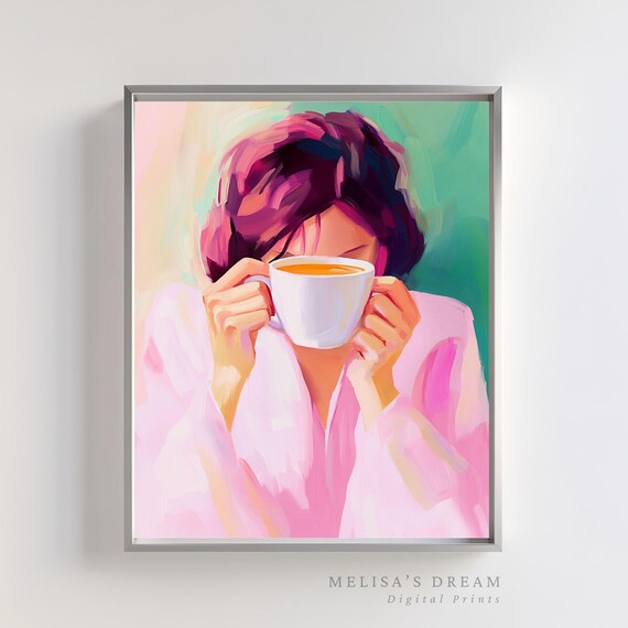 Cozy Morning Coffee Woman in Pink Robe Art Print
