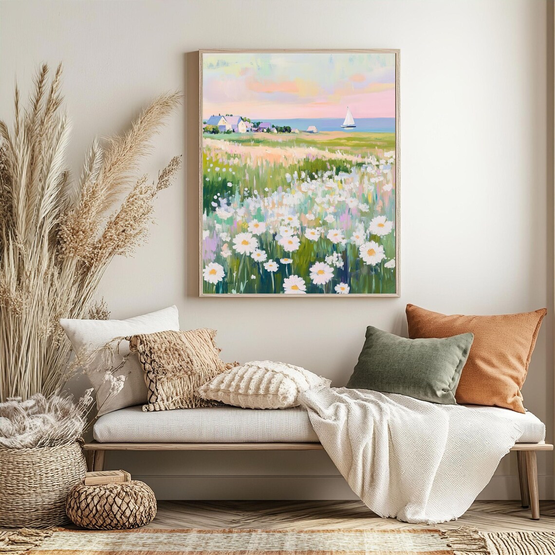 Coastal Daisy Meadow With Sailboat On Blue Horizon Art Poster - Image 3