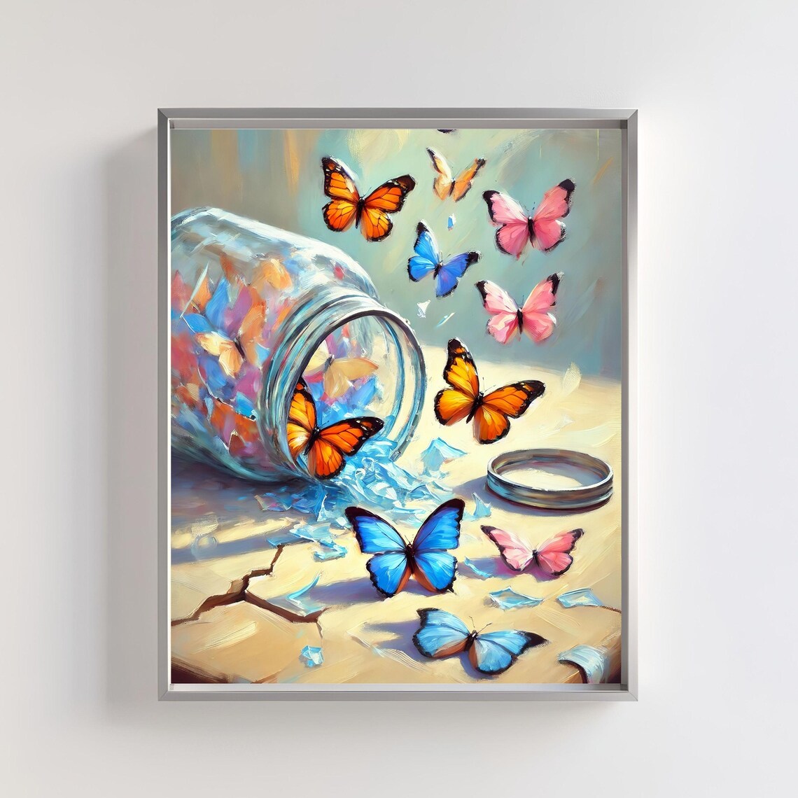 Butterflies Escaping From Glass Jar Colorful Nature Art Poster