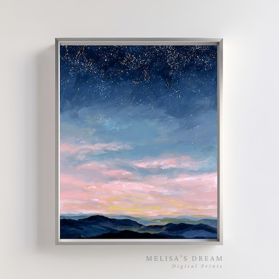 Starry Night Sky Mountain Landscape Print Pastel Sunset