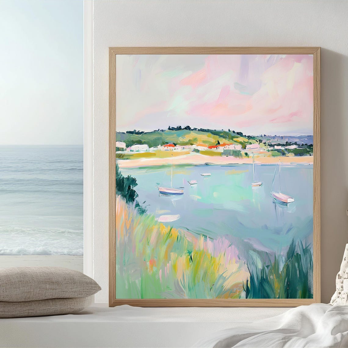 Pastel Coastal Harbor With Sailboats Peaceful Seascape Art Poster - Image 3