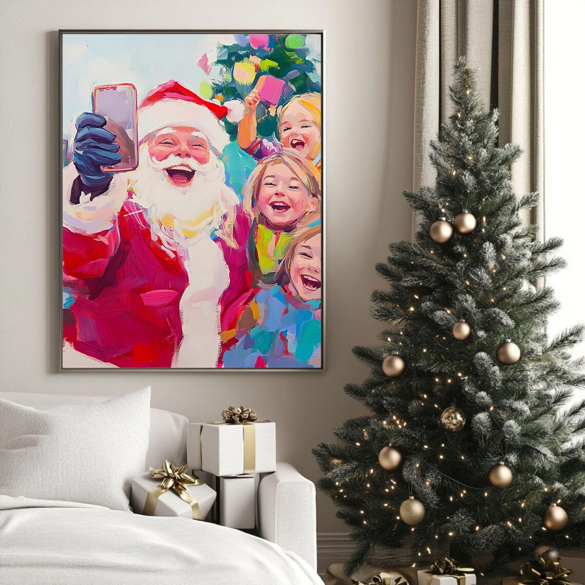 Santa Taking A Selfie With Laughing Kids Colorful Christmas Art Poster - Image 3