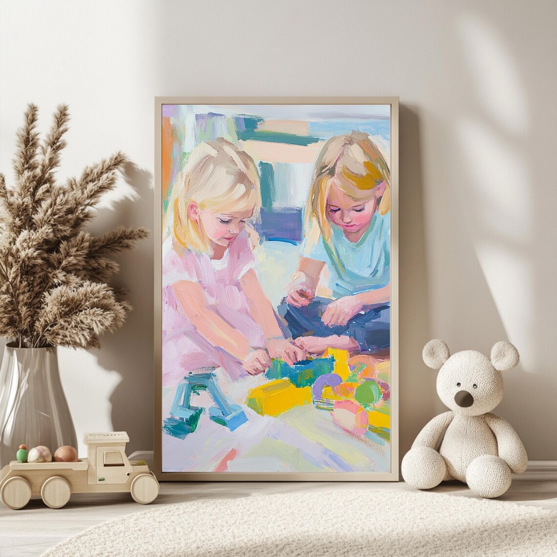 Two Girls Playing With Colorful Blocks Pastel Kids Room Art Poster - Image 2