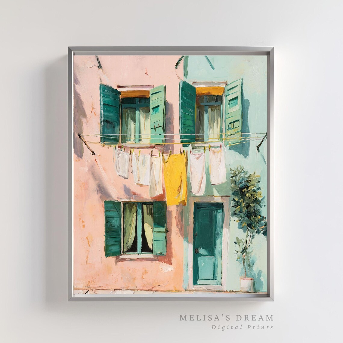 Italian Facade Green Shutters Laundry Mediterranean Street Art Poster