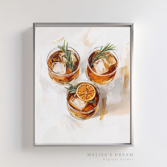 Amber Cocktail Trio Rosemary Orange Garnish Home Bar Cart Print
