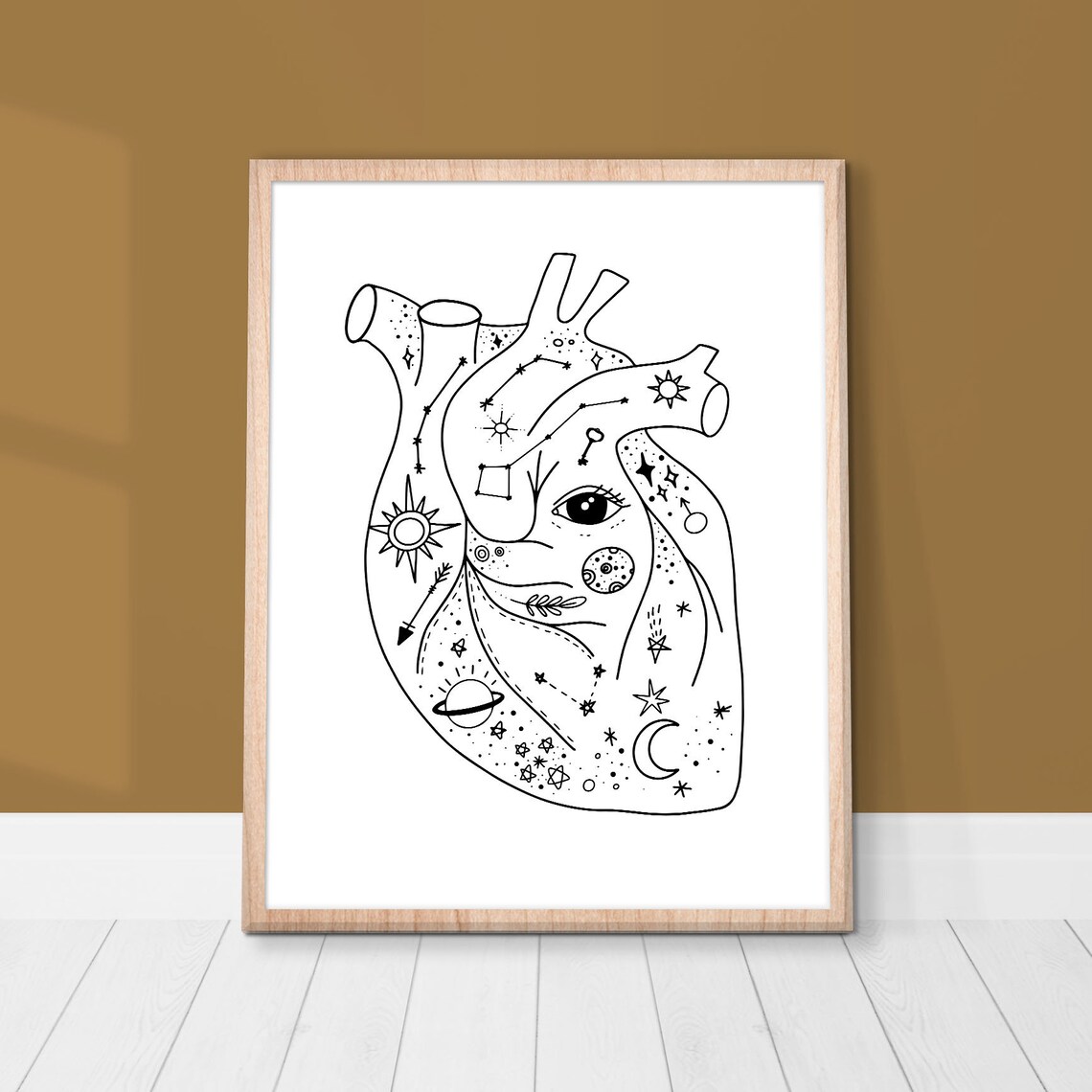 Celestial Anatomical Heart Black Line Art Moon Stars Mystic Poster - Image 2