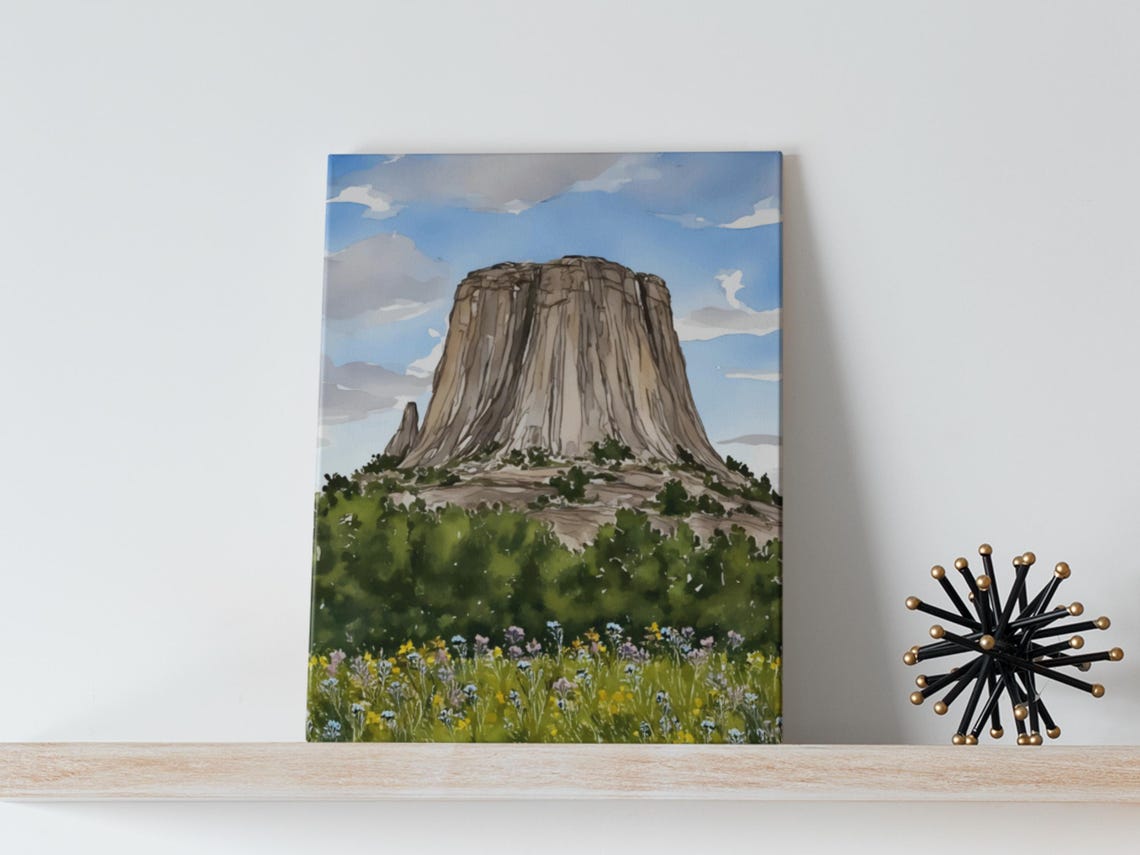 Devils Tower Wyoming Watercolor Rock Butte Wildflower Meadow Print