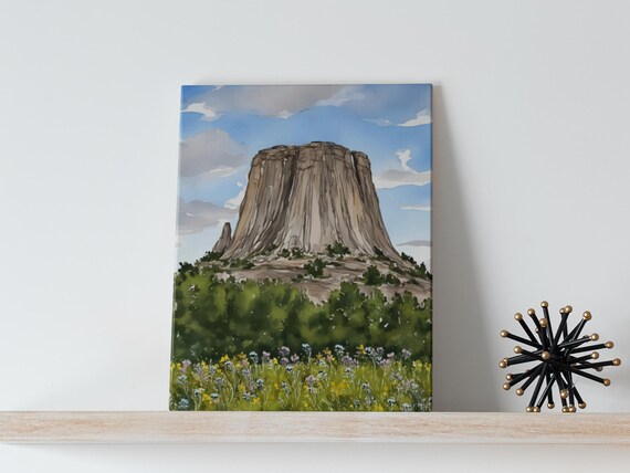 Devils Tower Wyoming Watercolor Rock Butte Wildflower Meadow Print