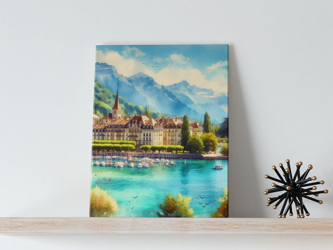 Lake Geneva Switzerland Watercolor Alpine Lake Town Harbor Print