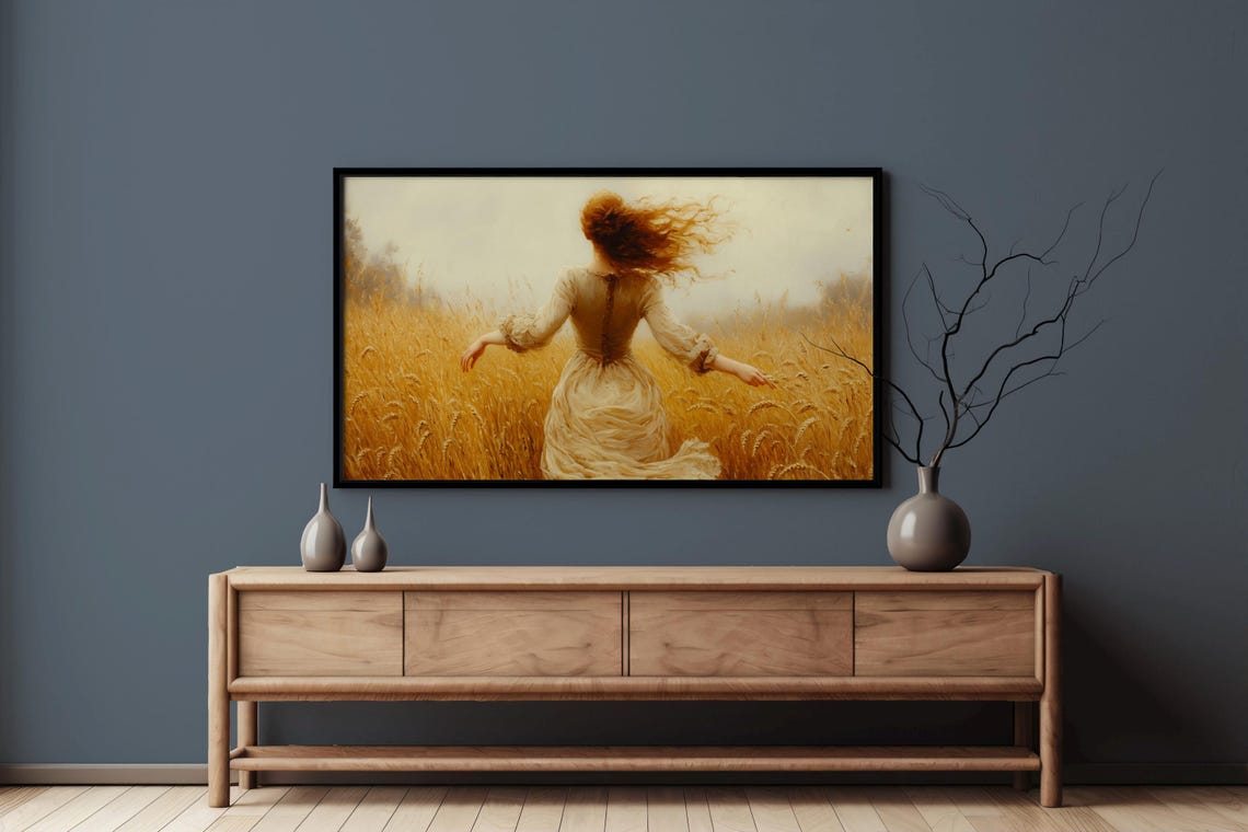 Red Haired Woman Running Through Golden Wheat Field Painting Poster - Image 6