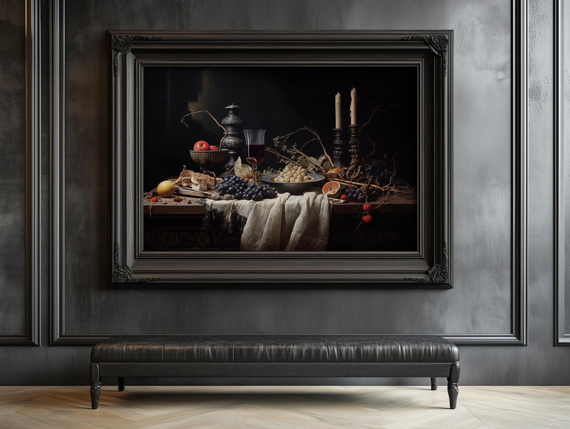 Moody Still Life With Grapes Candles And Bread Vintage Dark Oil Poster - Image 7