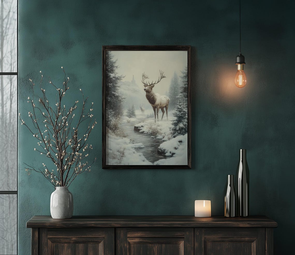 Majestic Elk by a Snowy Creek Among Sunlit Winter Pines Poster - Image 5