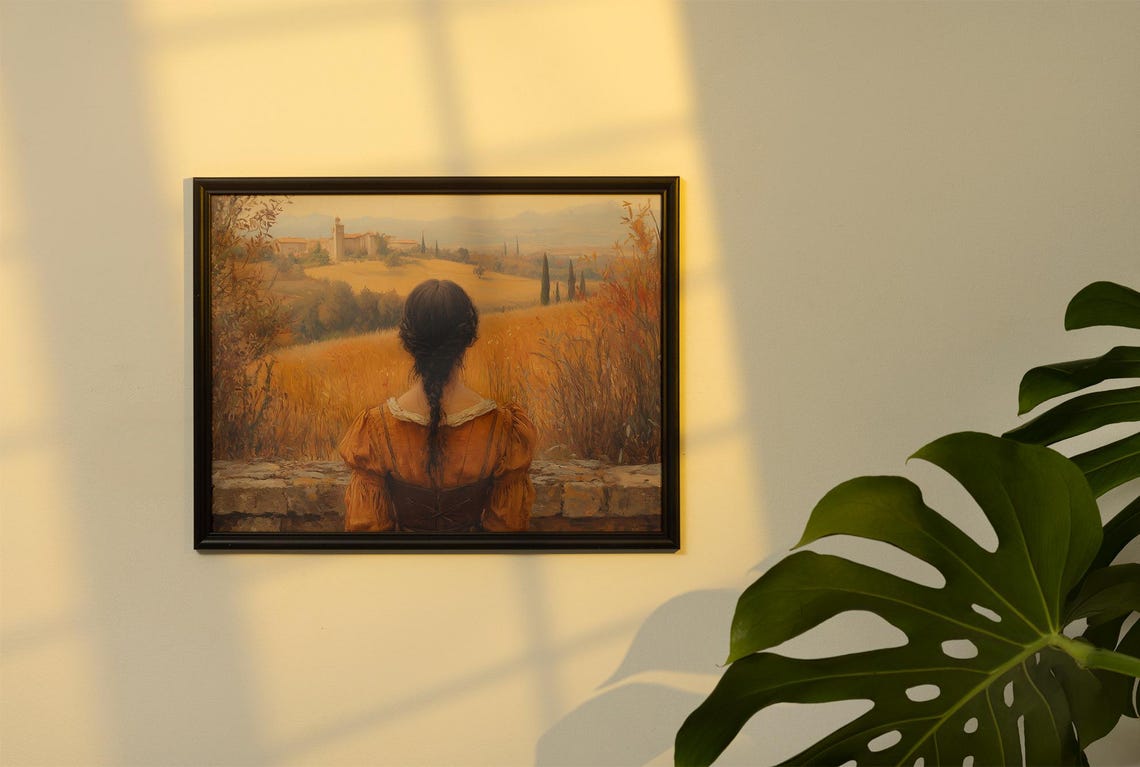 Woman in Amber Dress Overlooking Golden Tuscan Hillside Poster