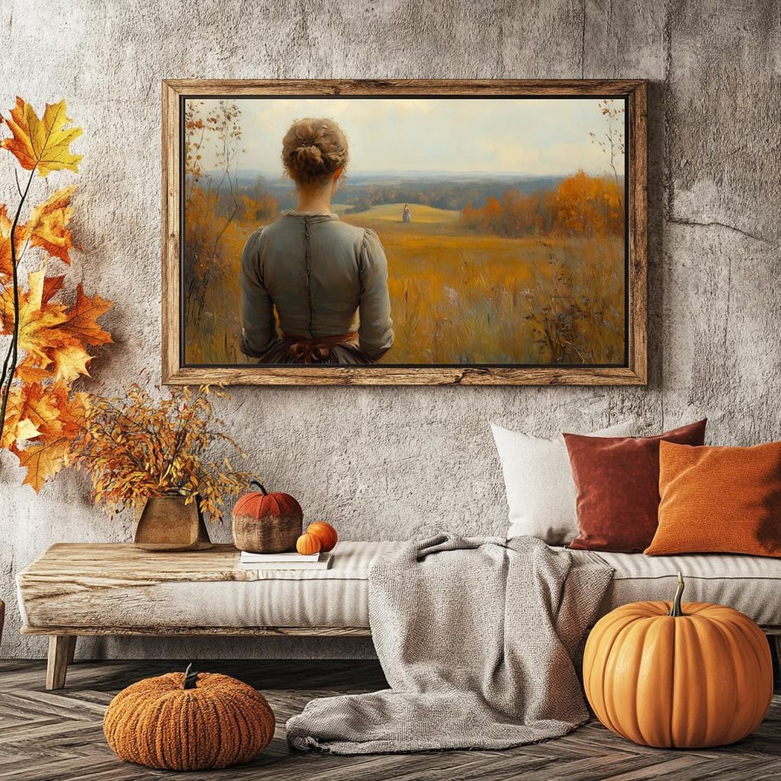 Woman Gazing Over Golden Autumn Field With Distant Figure Poster - Image 5
