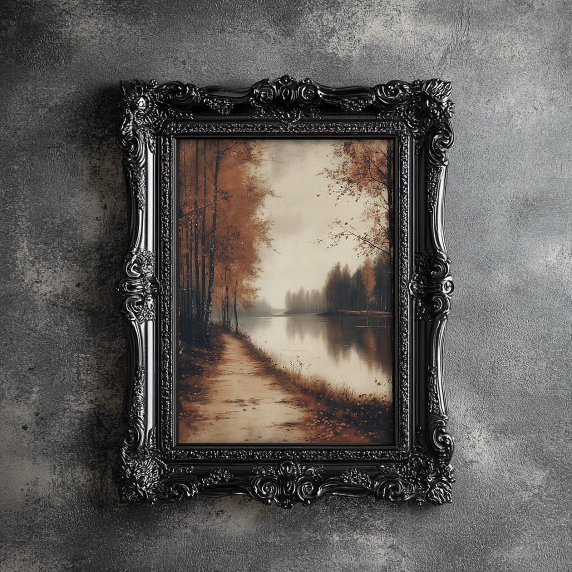 Misty Autumn Lakeshore Path With Birch Trees Vintage Landscape Poster