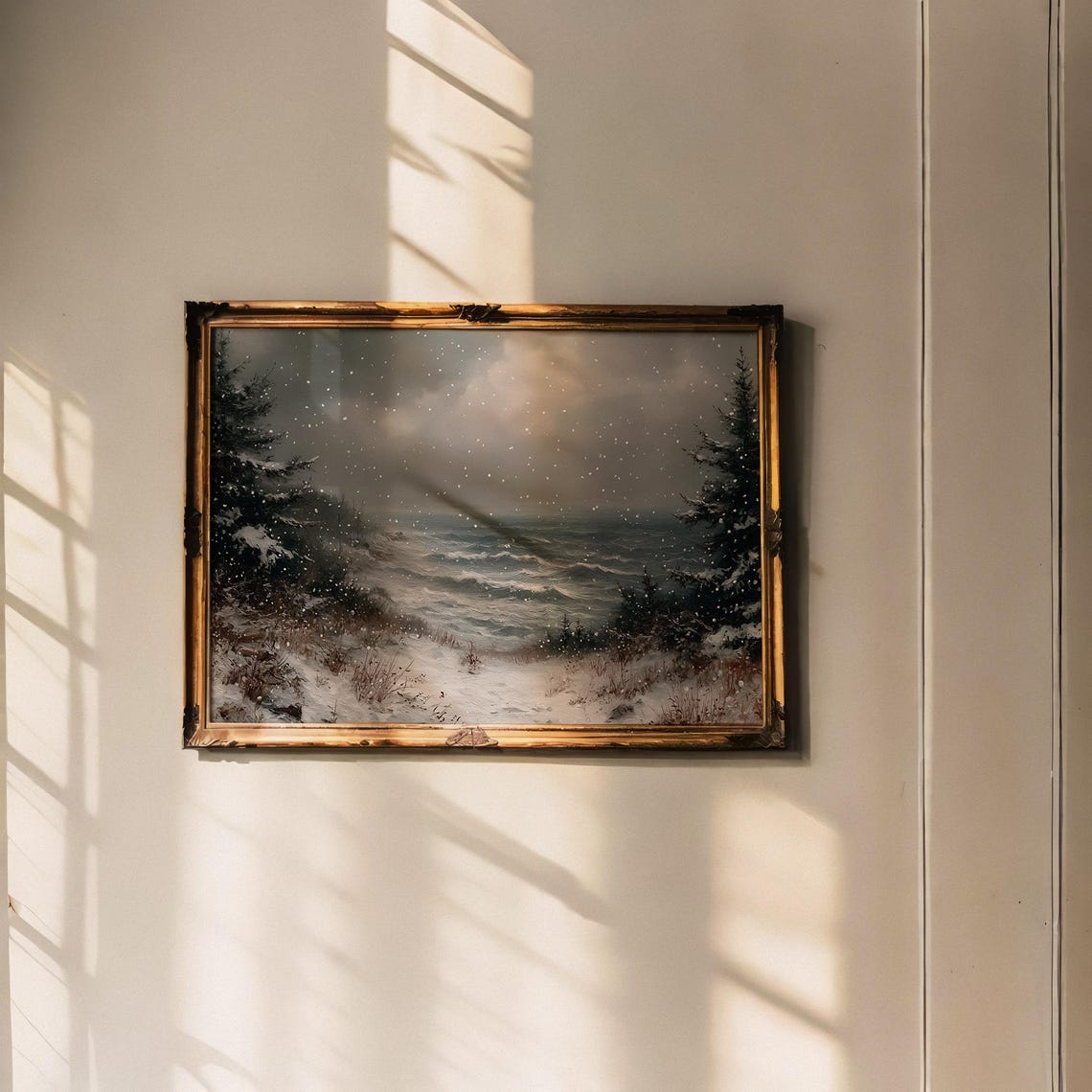 Snowy Seascape with Pines and Rolling Waves Winter Art Poster - Image 2