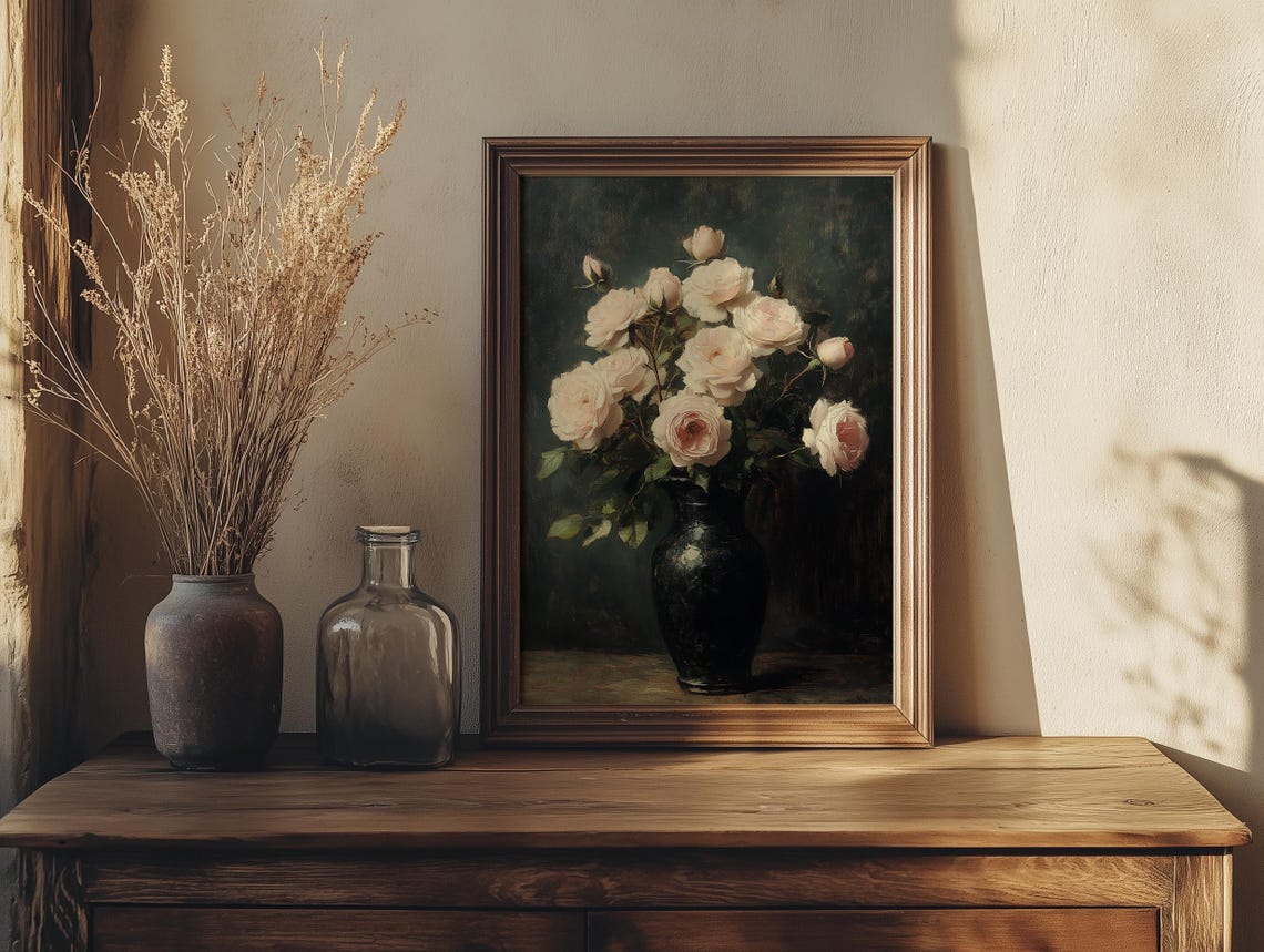 Pale Blush Roses in a Dark Vase Moody Floral Still Life Poster - Image 6