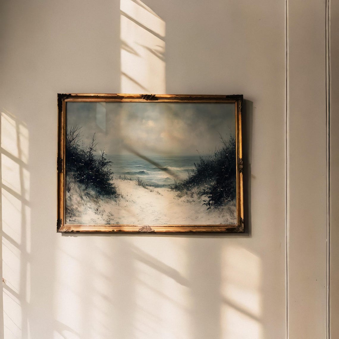 Snowy Beach Path Moody Winter Ocean Seascape Painting Poster - Image 4