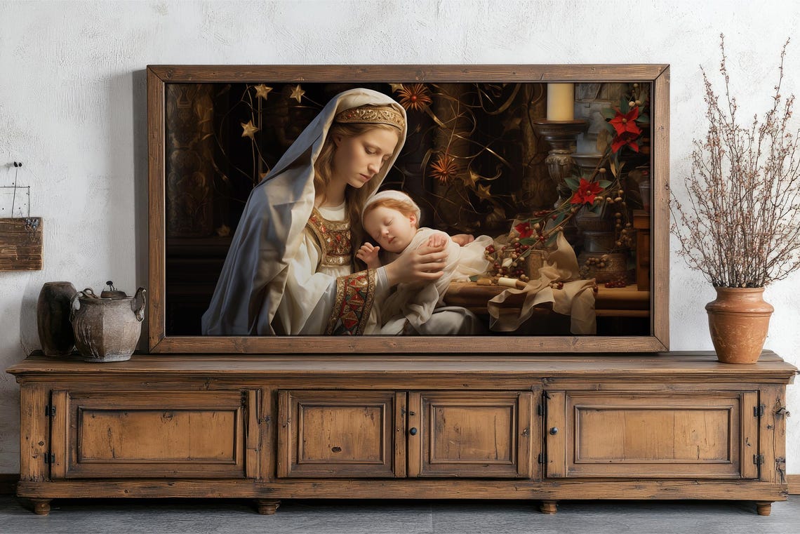 Madonna And Child With Candles And Poinsettias Christmas Art Poster - Image 5
