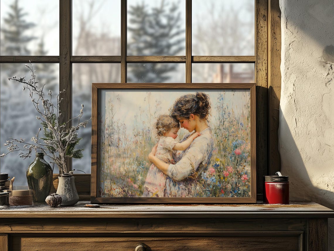 Mother Embracing Young Daughter In Blooming Wildflower Meadow Poster - Image 4