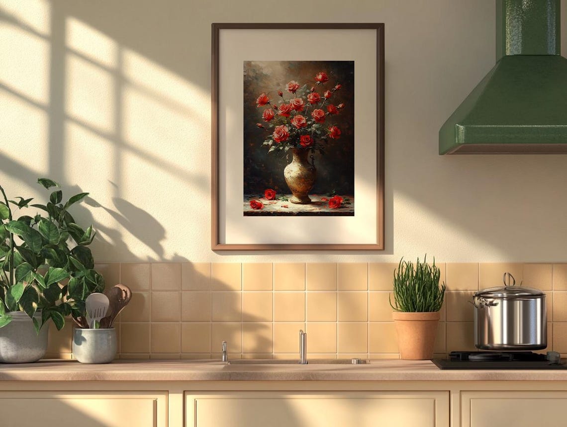 Moody Scarlet Red Roses in an Antique Gold Vase Still Life Poster - Image 3