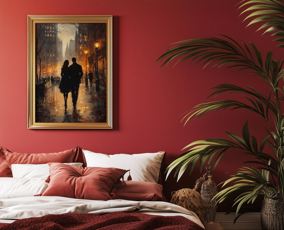Romantic Couple Strolling a Rainy Lamplit City Street at Dusk Poster - Image 6