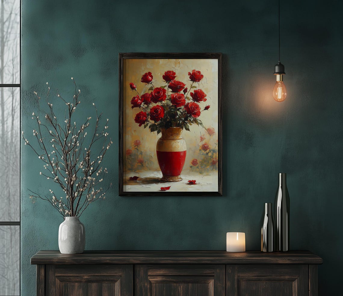 Bold Red Roses in a Red and Gold Vase Floral Still Life Poster - Image 2