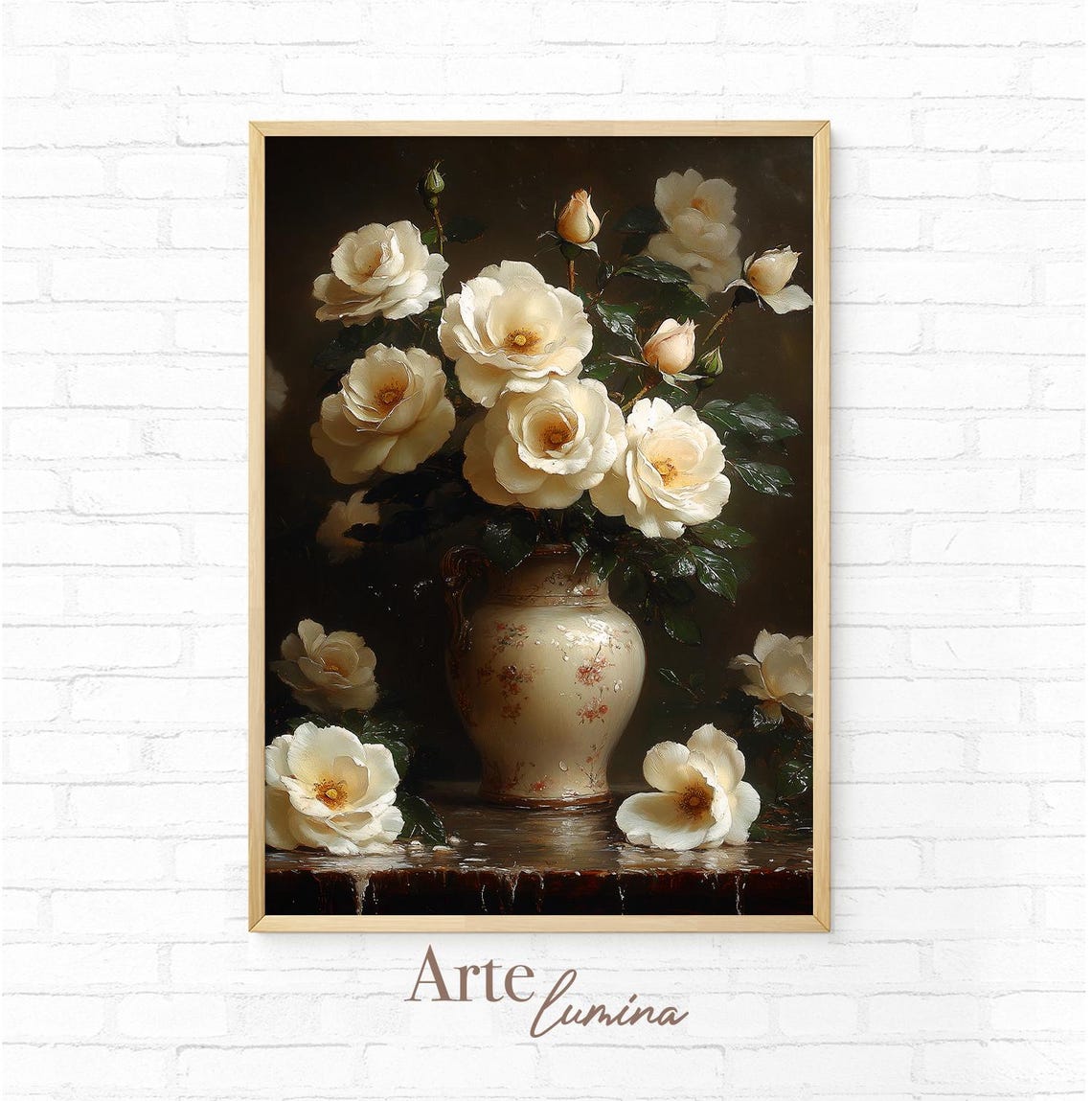 Elegant Creamy White Roses in a Patterned Porcelain Vase Poster